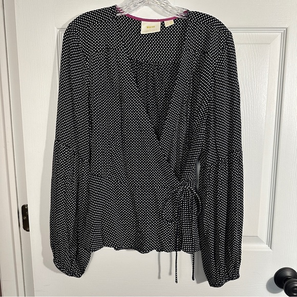 Maeve Anthropologie black/white polka dot wrap blouse, sz 8, long sleeves, fall - Picture 1 of 10